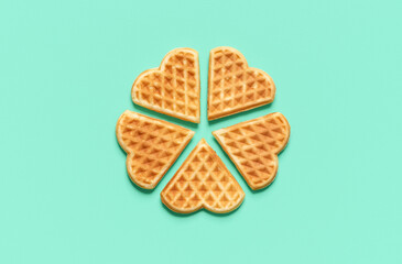 Heart shaped waffles top view on a green table. Belgian waffles isolated on a colored background.