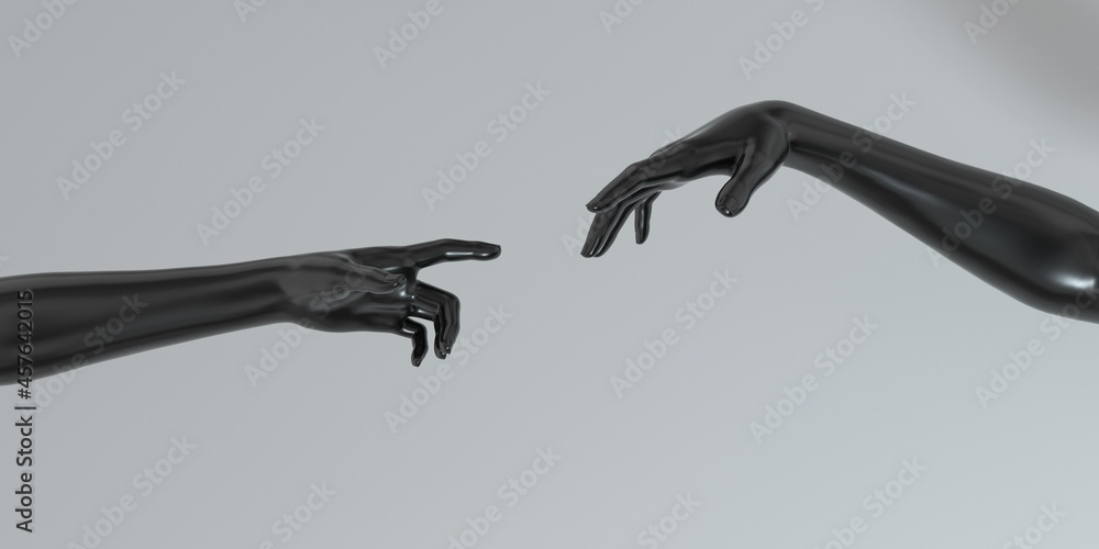 Poster Modern 3d illustration with two artificial hands about to touch each other, reminiscent of the scene of Adam's creation.