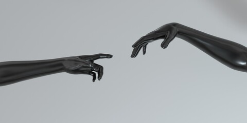 Modern 3d illustration with two artificial hands about to touch each other, reminiscent of the scene of Adam's creation. - obrazy, fototapety, plakaty