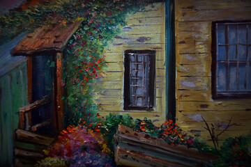 beautiful flower garden oil painting near the window of the house