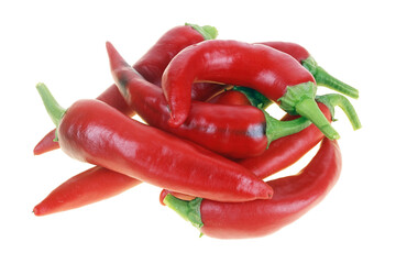 Pile of small pods of fresh  red chili peppers  isolated