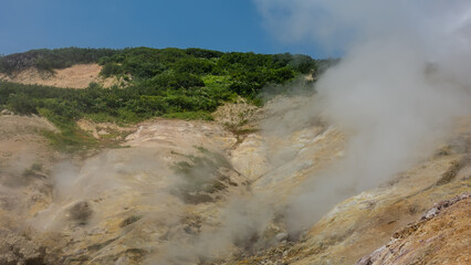 The soil on the hillside is covered with sulfur deposits. Steam and smoke rise from the fumaroles into the blue sky.  Green vegetation on the top of the hill. Kamchatka