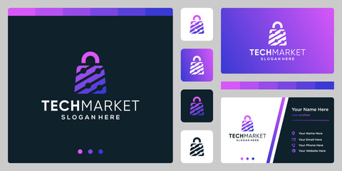 Naklejka premium Template design logo shopping bag abstract with symbol technology. Business card design.