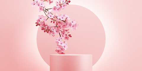 japanese style minimal background. Pink podium and cherry blossom background for product presentation. 3d rendering illustration. - obrazy, fototapety, plakaty