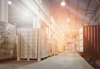 Stacked of Package Boxes on Pallets Loading with Shipping Cargo Container. Truck Parked Loading at...