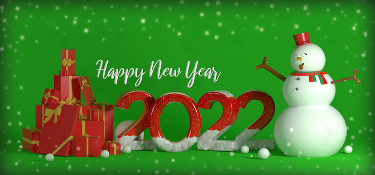 Happy new year 2022 3d with snowman gift box background