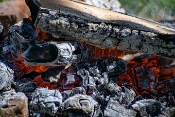 Campfire made of logs. Travel concept.