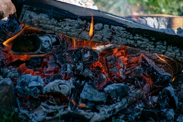 Campfire made of logs. Travel concept.