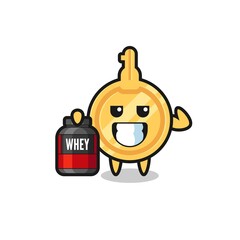 the muscular key character is holding a protein supplement