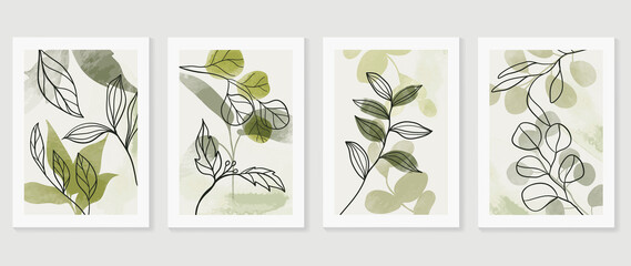 Botanical wall art vector set. Water color boho foliage line art drawing with  abstract shape.  Abstract Plant Art design for print, cover, wallpaper, Minimal and  natural wall art.