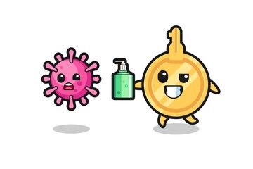 illustration of key character chasing evil virus with hand sanitizer
