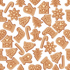 Winter seamless patterns with gingerbread cookies. Awesome holiday vector background. Christmas repeating texture for surface design, wallpapers, fabrics, wrapping paper etc.