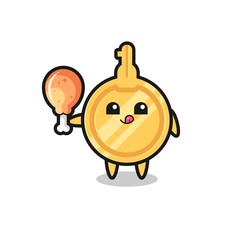 key cute mascot is eating a fried chicken