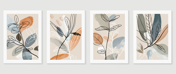 Botanical wall art vector set. Water color boho foliage line art drawing with  abstract shape.  Abstract Plant Art design for print, cover, wallpaper, Minimal and  natural wall art. © TWINS DESIGN STUDIO