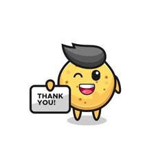 the mascot of the potato chip holding a banner that says thank you