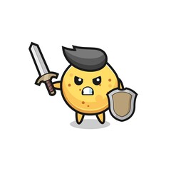 cute potato chip soldier fighting with sword and shield