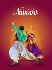 Garba Night poster for Navratri Dussehra festival of India. vector illustration design of couple playing Dandiya dance.