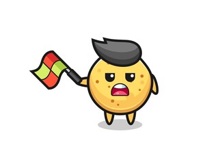 potato chip cartoon as the line judge hold the flag up at a 45 degree angle