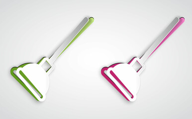 Paper cut Rubber plunger with wooden handle for pipe cleaning icon isolated on grey background. Toilet plunger. Paper art style. Vector