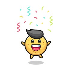 happy potato chip mascot jumping for congratulation with colour confetti