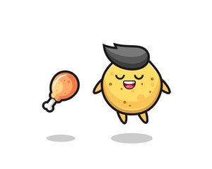 cute potato chip floating and tempted because of fried chicken