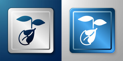 White Sprout icon isolated on blue and grey background. Seed and seedling. Leaves sign. Leaf nature. Silver and blue square button. Vector