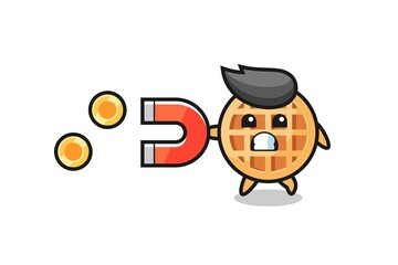 Obraz premium the character of circle waffle hold a magnet to catch the gold coins