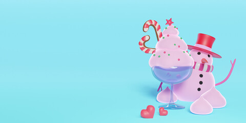 3D of Christmas tree ice cream on blue pastel background. Merry Christmas with copy space. Horizontal web banner.