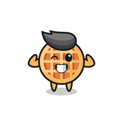 the muscular circle waffle character is posing showing his muscles