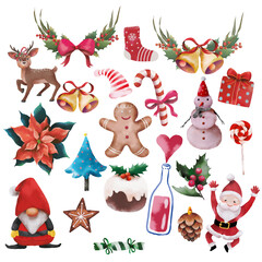 Set of Watercolor Christmas decorations on white background.