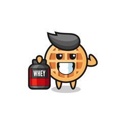 the muscular circle waffle character is holding a protein supplement