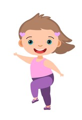 Child funny. Little girl. In pink clothes. Kid jumps for joy. Charming active cute character. Cute kid. Face wobble smile. Cartoon style. Isolated on white background. Vector