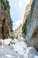 (Selective focus) Stunning view of the Gorropu gorge. Gorropu is the most spectacular and deepest canyon in Europe and it is located in the Supramonte area, Sardinia, Italy.