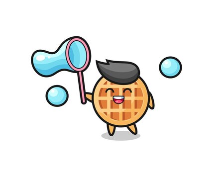 happy circle waffle cartoon playing soap bubble