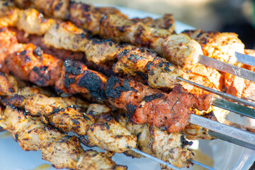 delicious fried kebab on skewers. High quality photo