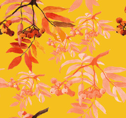 Fototapeta premium Autumn rowanberry branches watercolor on yellow background seamless pattern for all prints.