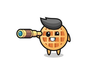 cute circle waffle character is holding an old telescope