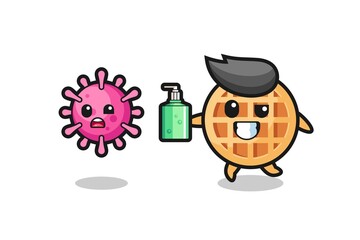 illustration of circle waffle character chasing evil virus with hand sanitizer