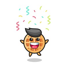 happy circle waffle mascot jumping for congratulation with colour confetti