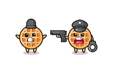 illustration of circle waffle robber with hands up pose caught by police