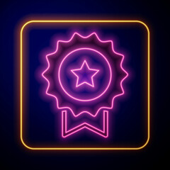 Glowing neon Medal with star icon isolated on black background. Winner achievement sign. Award medal. Vector