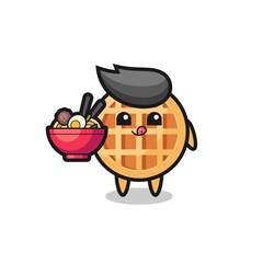 cute circle waffle character eating noodles