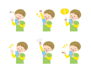 スマホを操作する男の子　ポジティブな表情セット