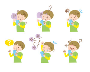 スマホを操作する男の子　ネガティブな表情セット