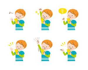 スマホを操作する男の子　ポジティブな表情セット