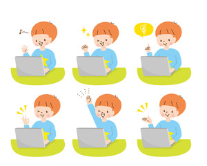 パソコンを操作する男の子　ポジティブな表情セット