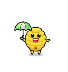 cute bee hive illustration holding an umbrella
