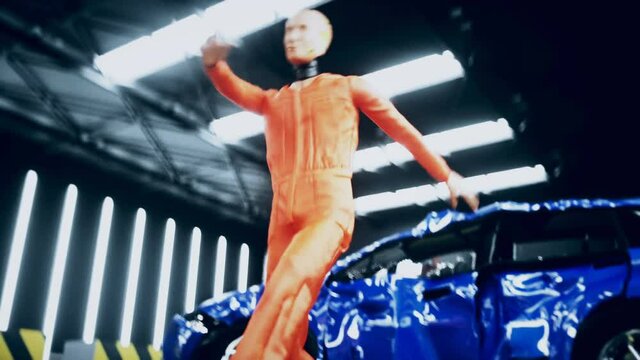 Crash test funny dummy, mannequin dancing. Car crash. Realistic 4k animation.