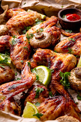 Baked homemade chicken wings with mushrooms and lime, vertical photo close up