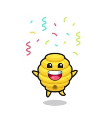 happy bee hive mascot jumping for congratulation with colour confetti